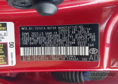 2015 Toyota Corolla Le from USA, damaged, VIN 2T1BURHE4FC231841